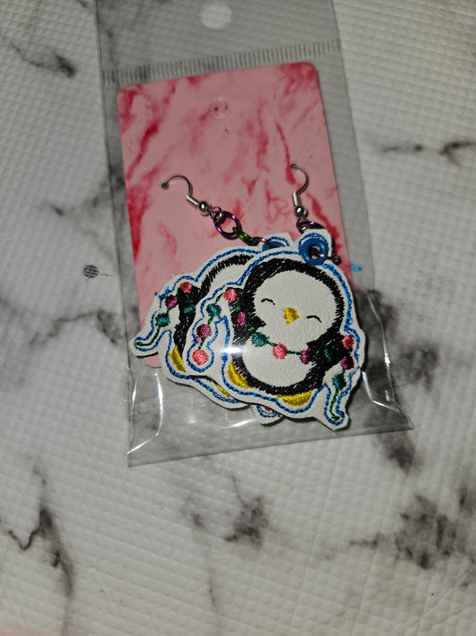 Penguin with Christmas Lights Dangle Earrings